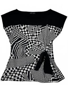 Vintage Mandy Evans Canada Made Black White Polka Dots Blouse Bow Tie Waist Sz S